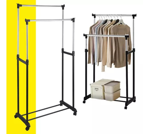 Rack Organizador - Perchero Doble con Ruedas, Longitud Ajustable y Estante de Almacenamiento