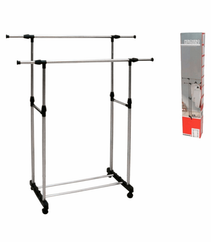 Rack Organizador - Perchero Doble con Ruedas, Longitud Ajustable y Estante de Almacenamiento