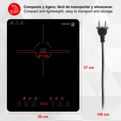 Placa de Inducción Portátil FAGOR LEXIE 2000W – Cocina Compacta, Eficiente y Fácil de Usar.