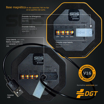 SOS LIGHT - Luz de Emergência V16 Homologada pela DGT com Estuche e Autonomia de até 12 Horas