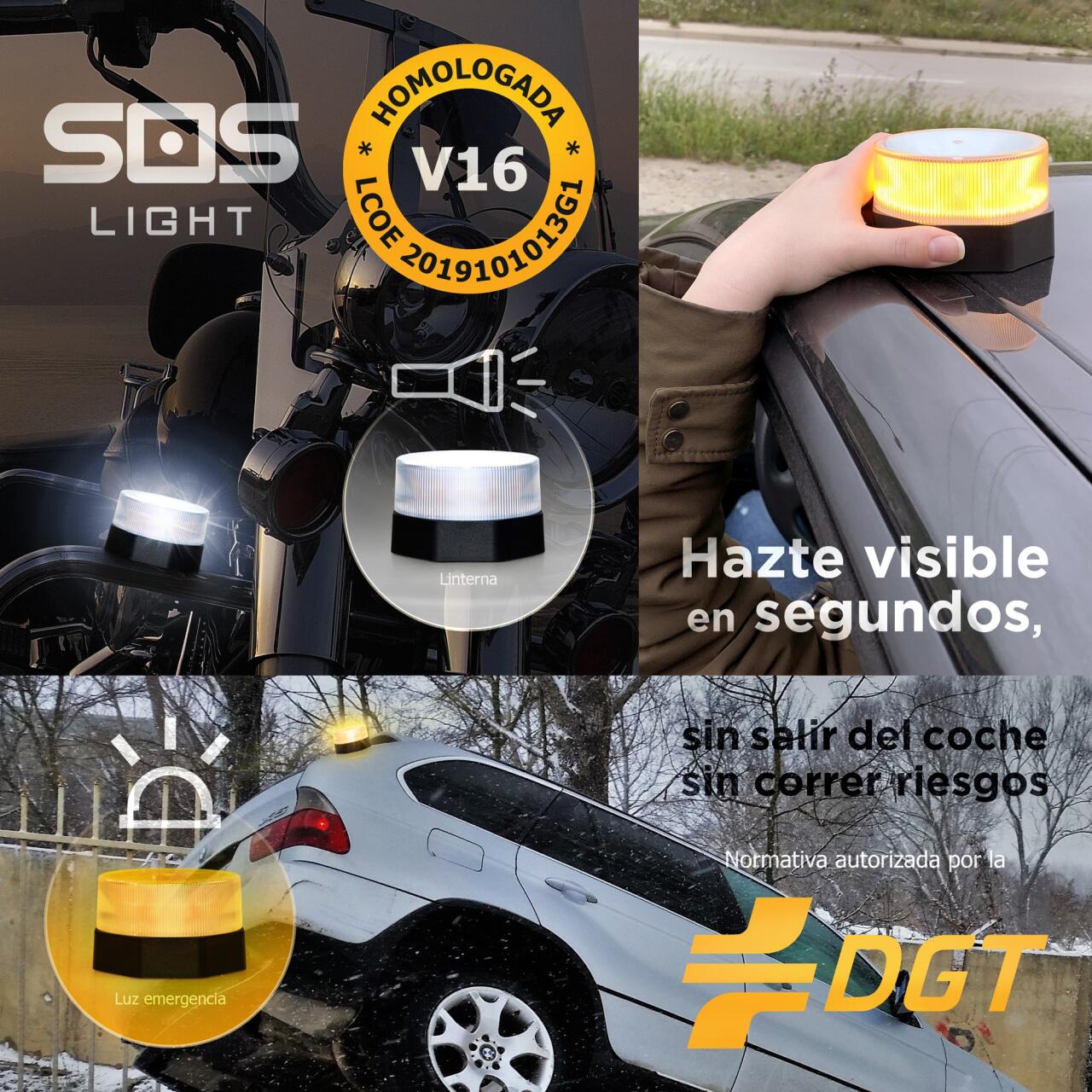 SOS LIGHT - Luz de Emergência V16 Homologada pela DGT com Estuche e Autonomia de até 12 Horas